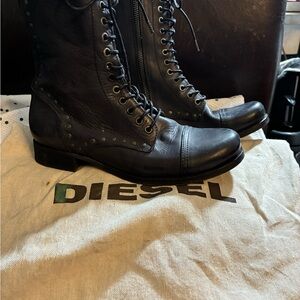 Diesel Black Leather Combat Boots